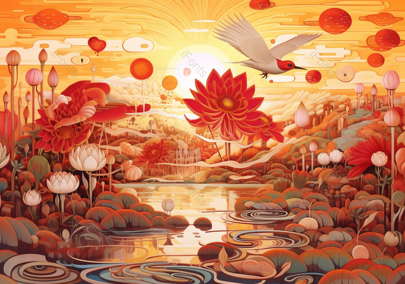 鸟莲花荷花荷叶开花池塘水天空橙色国潮中国风背景,插画/手绘图,插画/手绘图库,插画/手绘图下载,插画/手绘